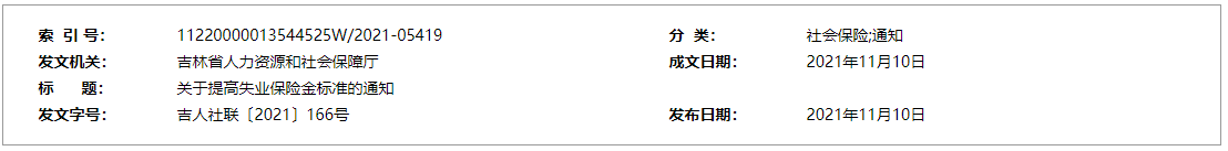 关于提高失业保险金标准的通知吉人社联〔2021〕166号